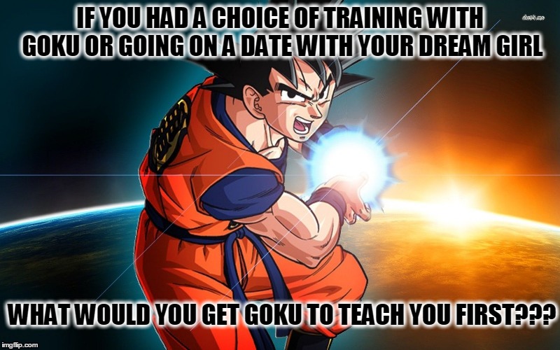 IF YOU HAD A CHOICE OF TRAINING WITH GOKU OR GOING ON A DATE WITH YOUR DREAM GIRL; WHAT WOULD YOU GET GOKU TO TEACH YOU FIRST??? | image tagged in son goku | made w/ Imgflip meme maker