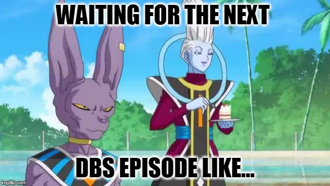 WAITING FOR THE NEXT; DBS EPISODE LIKE... | image tagged in beerus whis | made w/ Imgflip meme maker