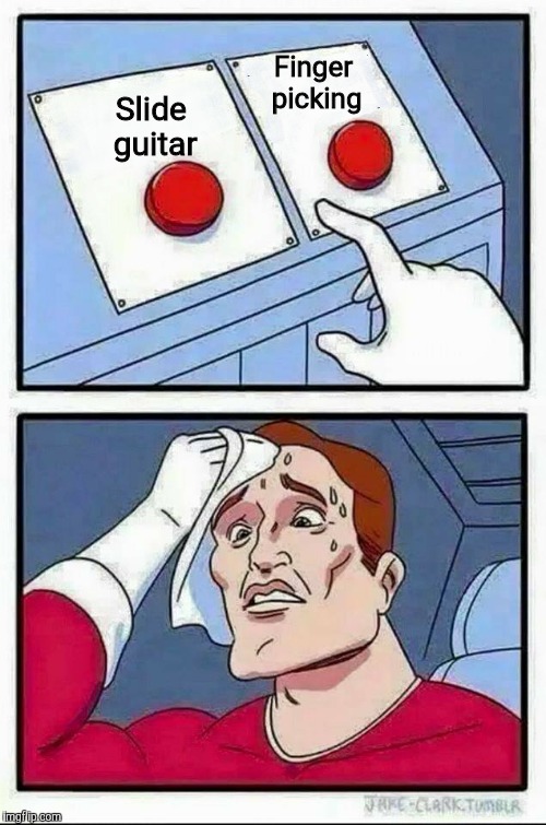 Every damn time. | Finger picking; Slide guitar | image tagged in hard choice to make,guitar,blues | made w/ Imgflip meme maker