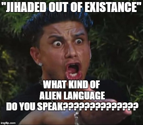 "JIHADED OUT OF EXISTANCE" WHAT KIND OF ALIEN LANGUAGE DO YOU SPEAK?????????????? | made w/ Imgflip meme maker