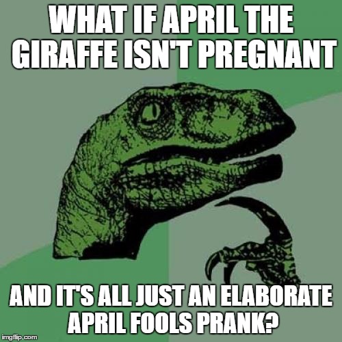 It would make sense, since her name is "April" and it could be APRIL Fools! | WHAT IF APRIL THE GIRAFFE ISN'T PREGNANT; AND IT'S ALL JUST AN ELABORATE APRIL FOOLS PRANK? | image tagged in memes,philosoraptor,april the giraffe | made w/ Imgflip meme maker