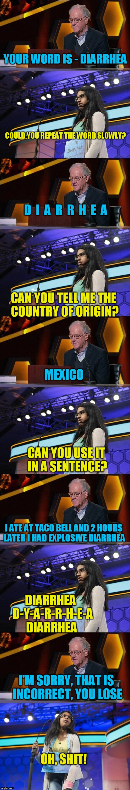 Spelling Bee runner up - just a little long meme! | YOUR WORD IS - DIARRHEA; COULD YOU REPEAT THE WORD SLOWLY? D  I  A  R  R  H  E  A; CAN YOU TELL ME THE COUNTRY OF ORIGIN? MEXICO; CAN YOU USE IT IN A SENTENCE? I ATE AT TACO BELL AND 2 HOURS LATER I HAD EXPLOSIVE DIARRHEA; DIARRHEA  D-Y-A-R-R-H-E-A DIARRHEA; I'M SORRY, THAT IS INCORRECT, YOU LOSE; OH, SHIT! | image tagged in tammyfaye | made w/ Imgflip meme maker