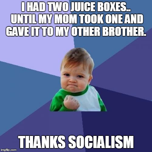 Success Kid | I HAD TWO JUICE BOXES.. UNTIL MY MOM TOOK ONE AND GAVE IT TO MY OTHER BROTHER. THANKS SOCIALISM | image tagged in memes,success kid | made w/ Imgflip meme maker