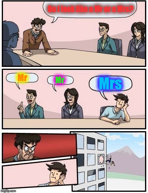 Boardroom Meeting Suggestion Meme | Do I look like a Mr or a Mrs? Mr; Mrs; Mr | image tagged in memes,boardroom meeting suggestion | made w/ Imgflip meme maker
