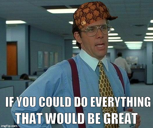 I'll do nothing, you do everything.  Deal? | IF YOU COULD DO EVERYTHING; THAT WOULD BE GREAT | image tagged in memes,that would be great,scumbag | made w/ Imgflip meme maker