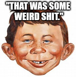 alfred e newman | "THAT WAS SOME WEIRD SHIT." | image tagged in alfred e newman | made w/ Imgflip meme maker