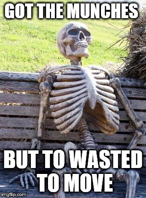 Waiting Skeleton Meme | GOT THE MUNCHES BUT TO WASTED TO MOVE | image tagged in memes,waiting skeleton | made w/ Imgflip meme maker