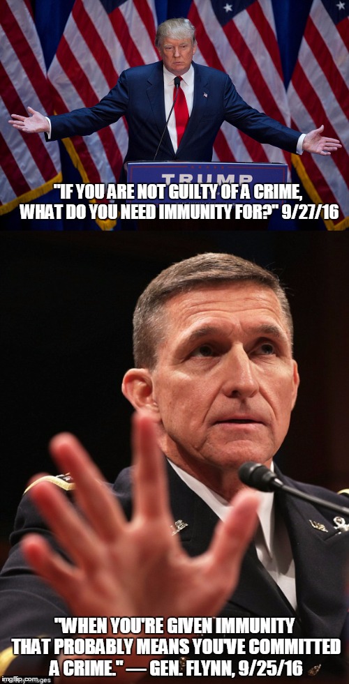Hmmm....this one came back to bite them in the rear end, huh? | "IF YOU ARE NOT GUILTY OF A CRIME, WHAT DO YOU NEED IMMUNITY FOR?" 9/27/16; "WHEN YOU'RE GIVEN IMMUNITY THAT PROBABLY MEANS YOU'VE COMMITTED A CRIME." — GEN. FLYNN, 9/25/16 | image tagged in donald trump,irony,karma's a bitch,michael flynn | made w/ Imgflip meme maker