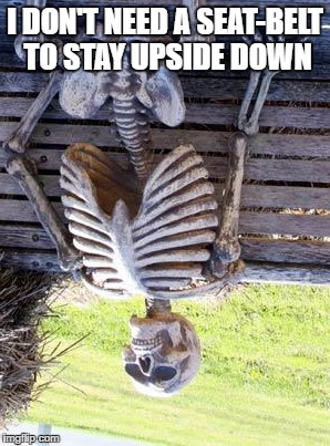 Waiting Skeleton Meme | I DON'T NEED A SEAT-BELT TO STAY UPSIDE DOWN | image tagged in memes,waiting skeleton | made w/ Imgflip meme maker