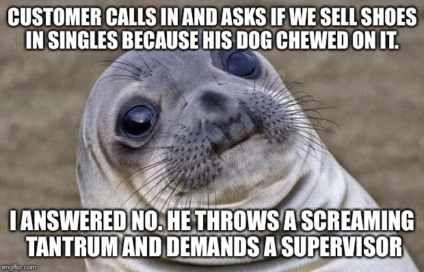 Awkward Moment Sealion | CUSTOMER CALLS IN AND ASKS IF WE SELL SHOES IN SINGLES BECAUSE HIS DOG CHEWED ON IT. I ANSWERED NO. HE THROWS A SCREAMING TANTRUM AND DEMANDS A SUPERVISOR | image tagged in memes,awkward moment sealion,AdviceAnimals | made w/ Imgflip meme maker