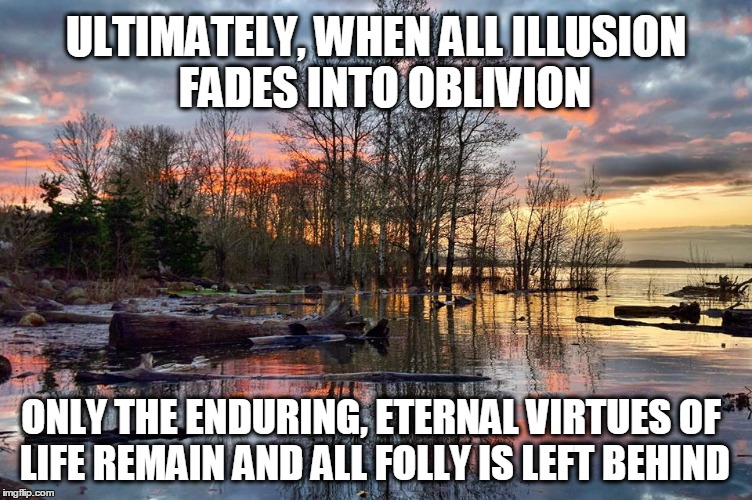 ULTIMATELY, WHEN ALL ILLUSION  FADES INTO OBLIVION; ONLY THE ENDURING, ETERNAL VIRTUES OF LIFE REMAIN AND ALL FOLLY IS LEFT BEHIND | image tagged in philosoraptor,philosophy,virtue,sunrise,nature,life | made w/ Imgflip meme maker
