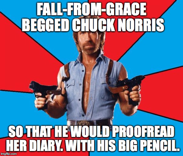 Chuck Norris With Guns Meme | FALL-FROM-GRACE BEGGED CHUCK NORRIS; SO THAT HE WOULD PROOFREAD HER DIARY. WITH HIS BIG PENCIL. | image tagged in memes,chuck norris with guns,chuck norris | made w/ Imgflip meme maker