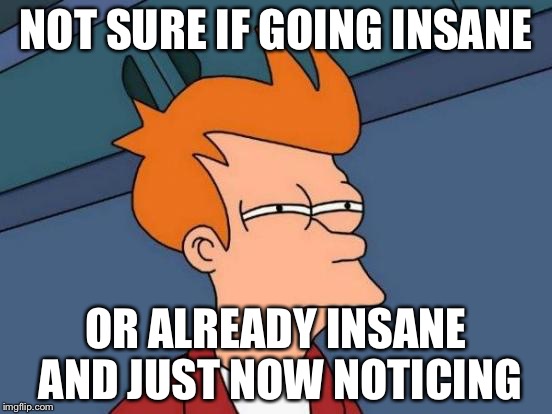 Futurama Fry | NOT SURE IF GOING INSANE; OR ALREADY INSANE AND JUST NOW NOTICING | image tagged in memes,futurama fry | made w/ Imgflip meme maker