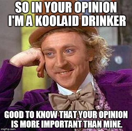 Creepy Condescending Wonka Meme | SO IN YOUR OPINION I'M A KOOLAID DRINKER; GOOD TO KNOW THAT YOUR OPINION IS MORE IMPORTANT THAN MINE. | image tagged in memes,creepy condescending wonka | made w/ Imgflip meme maker