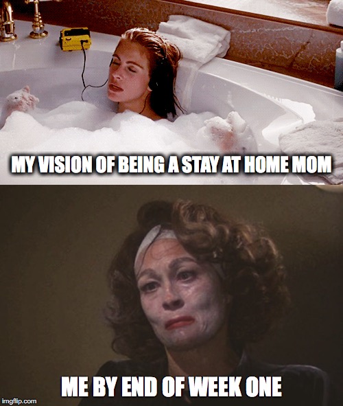 REALITY | MY VISION OF BEING A STAY AT HOME MOM; ME BY END OF WEEK ONE | image tagged in suburban mom,reallife,stay at home mom,as good as it gets | made w/ Imgflip meme maker