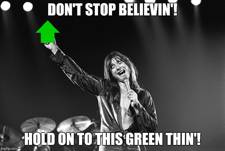 DON'T STOP BELIEVIN'! HOLD ON TO THIS GREEN THIN'! | made w/ Imgflip meme maker