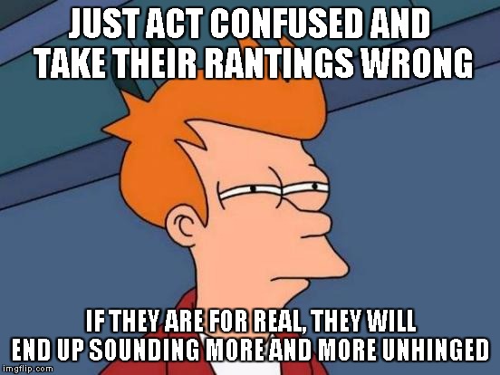 Futurama Fry Meme | JUST ACT CONFUSED AND TAKE THEIR RANTINGS WRONG IF THEY ARE FOR REAL, THEY WILL END UP SOUNDING MORE AND MORE UNHINGED | image tagged in memes,futurama fry | made w/ Imgflip meme maker