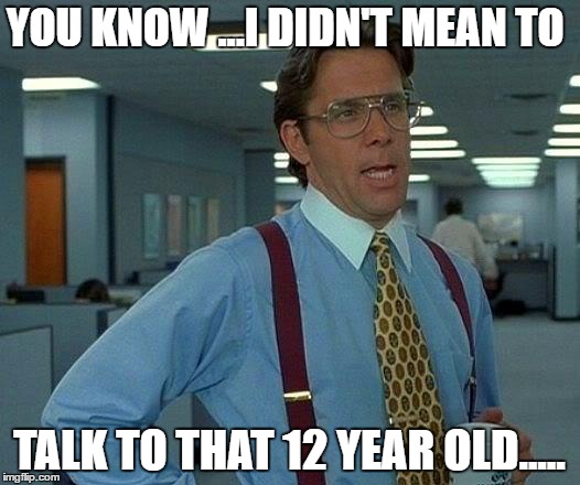 That Would Be Great | YOU KNOW ...I DIDN'T MEAN TO; TALK TO THAT 12 YEAR OLD..... | image tagged in memes,that would be great | made w/ Imgflip meme maker