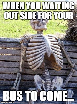 Waiting Skeleton | WHEN YOU WAITING OUT SIDE FOR YOUR; BUS TO COME... | image tagged in memes,waiting skeleton | made w/ Imgflip meme maker