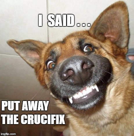 VAMPIRE DOG | I  SAID . . . PUT
AWAY; THE CRUCIFIX | image tagged in funny,bad pun dog,dogs,dog,vampire | made w/ Imgflip meme maker