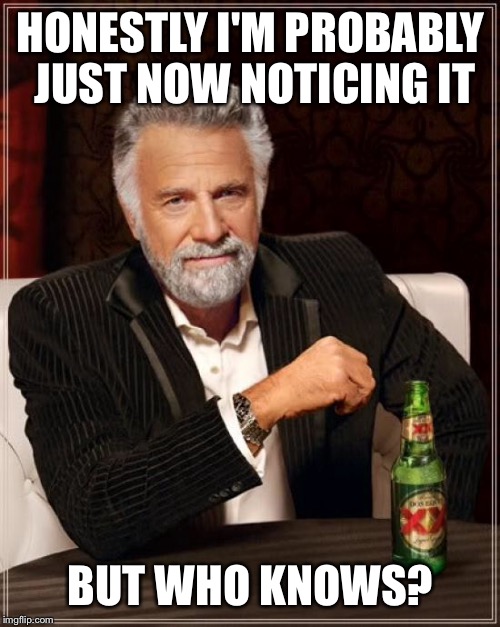 The Most Interesting Man In The World Meme | HONESTLY I'M PROBABLY JUST NOW NOTICING IT BUT WHO KNOWS? | image tagged in memes,the most interesting man in the world | made w/ Imgflip meme maker