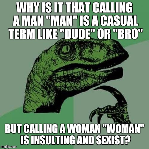 Philosoraptor | WHY IS IT THAT CALLING A MAN "MAN" IS A CASUAL TERM LIKE "DUDE" OR "BRO"; BUT CALLING A WOMAN "WOMAN" IS INSULTING AND SEXIST? | image tagged in memes,philosoraptor | made w/ Imgflip meme maker