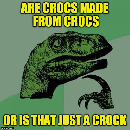Philosoraptor Meme | ARE CROCS MADE FROM CROCS; OR IS THAT JUST A CROCK | image tagged in memes,philosoraptor | made w/ Imgflip meme maker