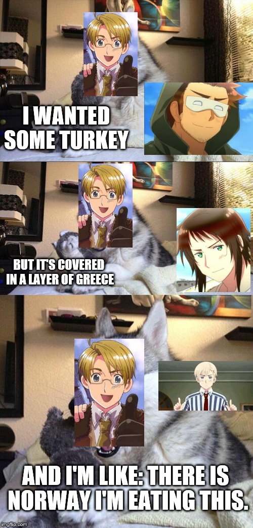 Bad Pun Dog Meme | I WANTED SOME TURKEY; BUT IT'S COVERED IN A LAYER OF GREECE; AND I'M LIKE: THERE IS NORWAY I'M EATING THIS. | image tagged in memes,bad pun dog,hetalia | made w/ Imgflip meme maker