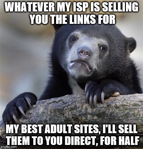 Avoid the middleman. | WHATEVER MY ISP IS SELLING YOU THE LINKS FOR; MY BEST ADULT SITES, I'LL SELL THEM TO YOU DIRECT, FOR HALF | image tagged in memes,confession bear | made w/ Imgflip meme maker