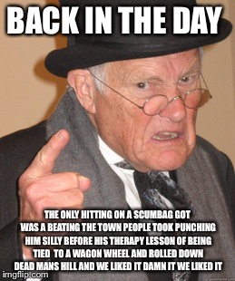 Back In My Day Meme | BACK IN THE DAY THE ONLY HITTING ON A SCUMBAG GOT WAS A BEATING THE TOWN PEOPLE TOOK PUNCHING HIM SILLY BEFORE HIS THERAPY LESSON OF BEING T | image tagged in memes,back in my day | made w/ Imgflip meme maker