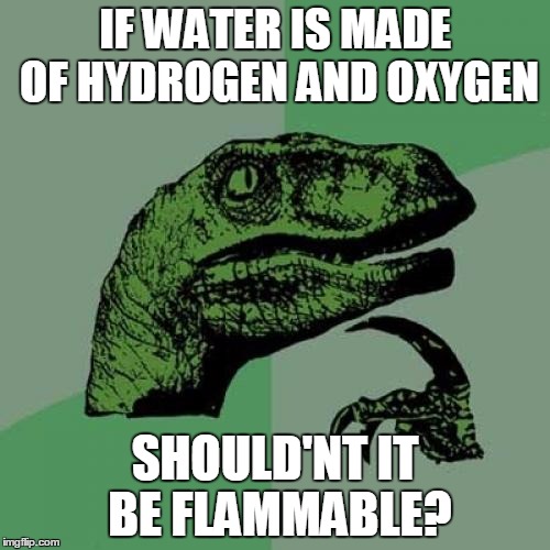 Philosoraptor Meme | IF WATER IS MADE OF HYDROGEN AND OXYGEN; SHOULD'NT IT BE FLAMMABLE? | image tagged in memes,philosoraptor | made w/ Imgflip meme maker