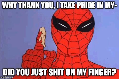 Spiderman | WHY THANK YOU, I TAKE PRIDE IN MY- DID YOU JUST SHIT ON MY FINGER? | image tagged in spiderman | made w/ Imgflip meme maker