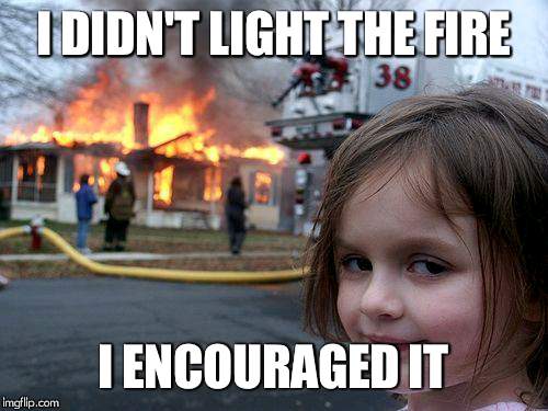 Disaster Girl Meme | I DIDN'T LIGHT THE FIRE; I ENCOURAGED IT | image tagged in memes,disaster girl | made w/ Imgflip meme maker