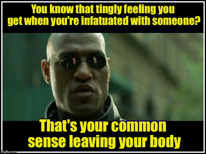 This explains a lot | You know that tingly feeling you get when you're infatuated with someone? That's your common sense leaving your body | image tagged in morpheus caption | made w/ Imgflip meme maker