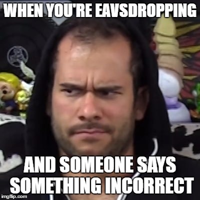 WHEN YOU'RE EAVSDROPPING; AND SOMEONE SAYS SOMETHING INCORRECT | image tagged in memes,funny,the face you make when,brett,cow chop | made w/ Imgflip meme maker