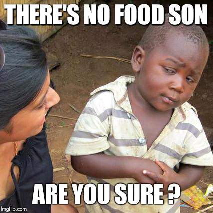 Third World Skeptical Kid Meme | THERE'S NO FOOD SON; ARE YOU SURE ? | image tagged in memes,third world skeptical kid | made w/ Imgflip meme maker