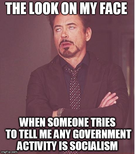Face You Make Robert Downey Jr Meme | THE LOOK ON MY FACE WHEN SOMEONE TRIES TO TELL ME ANY GOVERNMENT ACTIVITY IS SOCIALISM | image tagged in memes,face you make robert downey jr | made w/ Imgflip meme maker