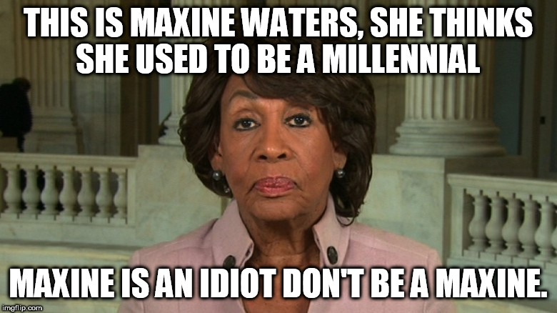 Millennial Maxine  | THIS IS MAXINE WATERS, SHE THINKS SHE USED TO BE A MILLENNIAL; MAXINE IS AN IDIOT DON'T BE A MAXINE. | image tagged in maxine waters,millennial | made w/ Imgflip meme maker