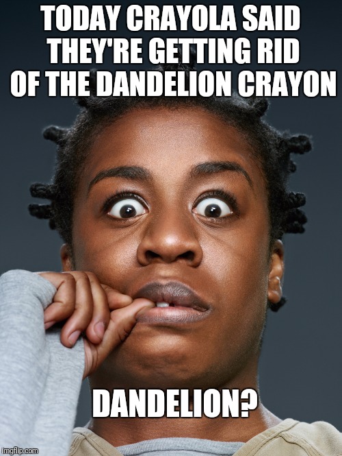 crazy eyes | TODAY CRAYOLA SAID THEY'RE GETTING RID OF THE DANDELION CRAYON; DANDELION? | image tagged in crazy eyes | made w/ Imgflip meme maker