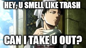 HEY, U SMELL LIKE TRASH; CAN I TAKE U OUT? | image tagged in levi | made w/ Imgflip meme maker