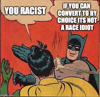 Batman Slapping Robin | YOU RACIST; IF YOU CAN CONVERT TO BY CHOICE ITS NOT A RACE IDIOT | image tagged in memes,batman slapping robin | made w/ Imgflip meme maker