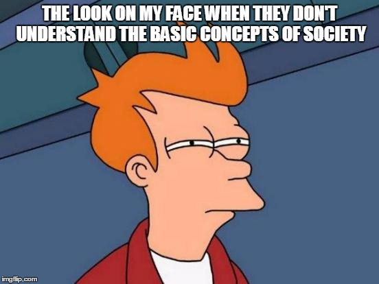 Futurama Fry Meme | THE LOOK ON MY FACE WHEN THEY DON'T UNDERSTAND THE BASIC CONCEPTS OF SOCIETY | image tagged in memes,futurama fry | made w/ Imgflip meme maker