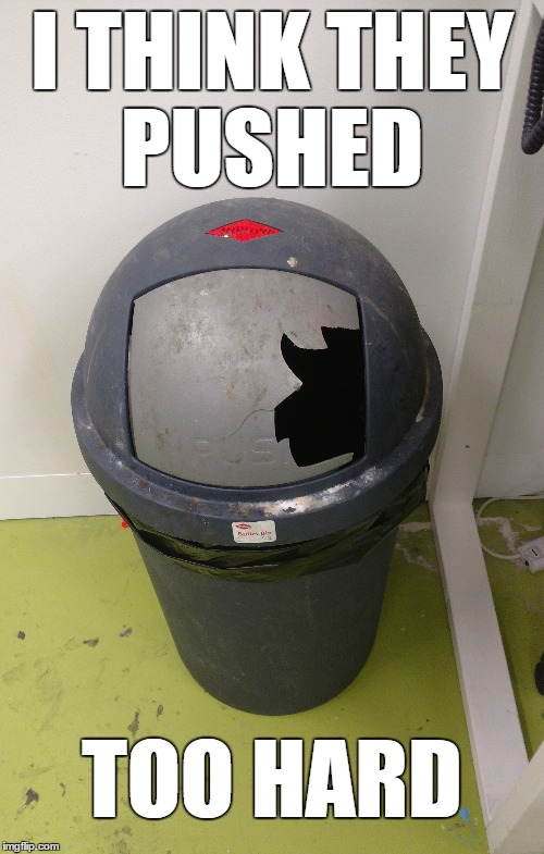 Push Bin | I THINK THEY PUSHED; TOO HARD | image tagged in memes,bin,push | made w/ Imgflip meme maker
