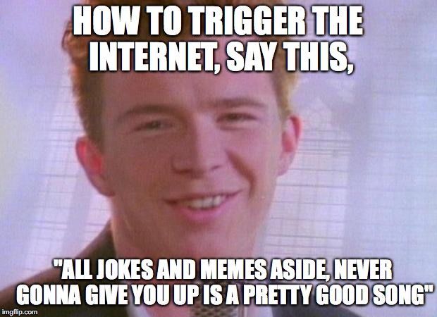 HOW TO TRIGGER THE INTERNET
 | HOW TO TRIGGER THE INTERNET, SAY THIS, "ALL JOKES AND MEMES ASIDE, NEVER GONNA GIVE YOU UP IS A PRETTY GOOD SONG" | image tagged in rick astley | made w/ Imgflip meme maker
