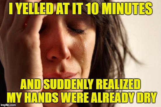 First World Problems Meme | I YELLED AT IT 10 MINUTES AND SUDDENLY REALIZED MY HANDS WERE ALREADY DRY | image tagged in memes,first world problems | made w/ Imgflip meme maker