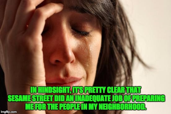 First World Problems Meme | IN HINDSIGHT, IT’S PRETTY CLEAR THAT SESAME STREET DID AN INADEQUATE JOB OF PREPARING ME FOR THE PEOPLE IN MY NEIGHBORHOOD. | image tagged in memes,first world problems | made w/ Imgflip meme maker