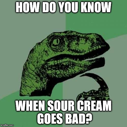 Asking for a friend... | HOW DO YOU KNOW; WHEN SOUR CREAM GOES BAD? | image tagged in memes,philosoraptor | made w/ Imgflip meme maker