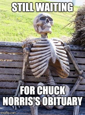 Waiting Skeleton Meme | STILL WAITING FOR CHUCK   NORRIS'S OBITUARY | image tagged in memes,waiting skeleton | made w/ Imgflip meme maker