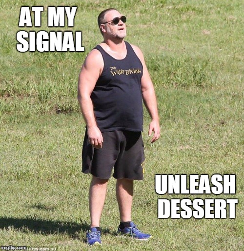 Russell Crowe | AT MY SIGNAL; UNLEASH DESSERT | image tagged in russell crowe | made w/ Imgflip meme maker