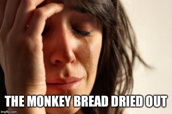 First World Problems Meme | THE MONKEY BREAD DRIED OUT | image tagged in memes,first world problems | made w/ Imgflip meme maker